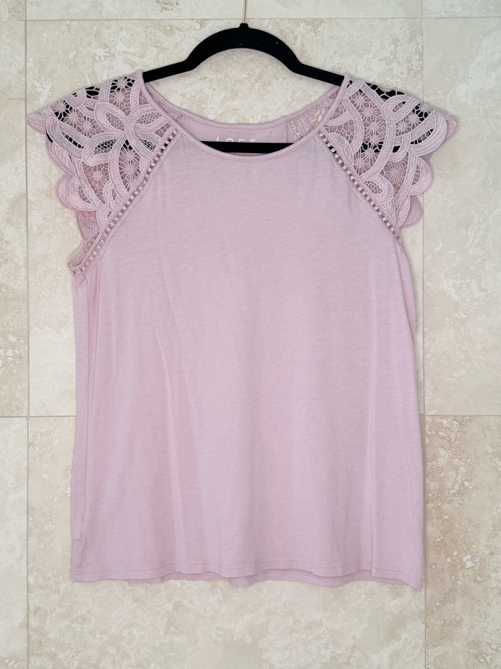 LOFT Pink Lace Flutter Sleeve Top Crochet Shoulder Detail Size S